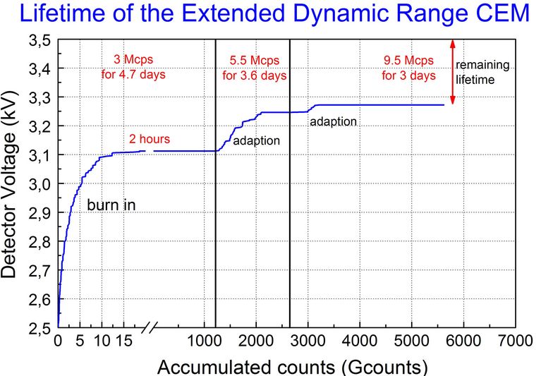 Lifetime tests of the PHOIBOS Extended Range Channel Electron Multiplier (CEM)