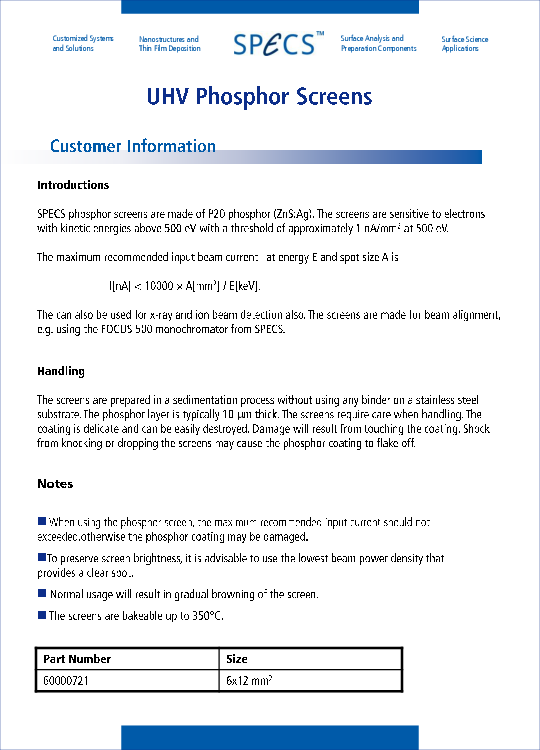 UHV Phosphor Screens UHV Phosphor Screens