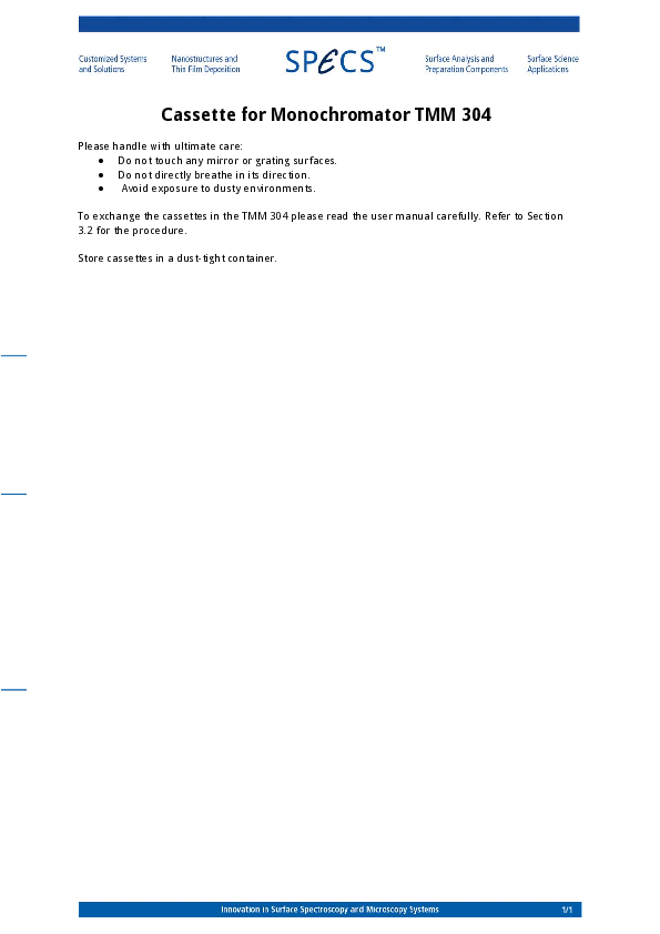 Cassette for Monochromator TMM 304 Cassette for Monochromator TMM 304