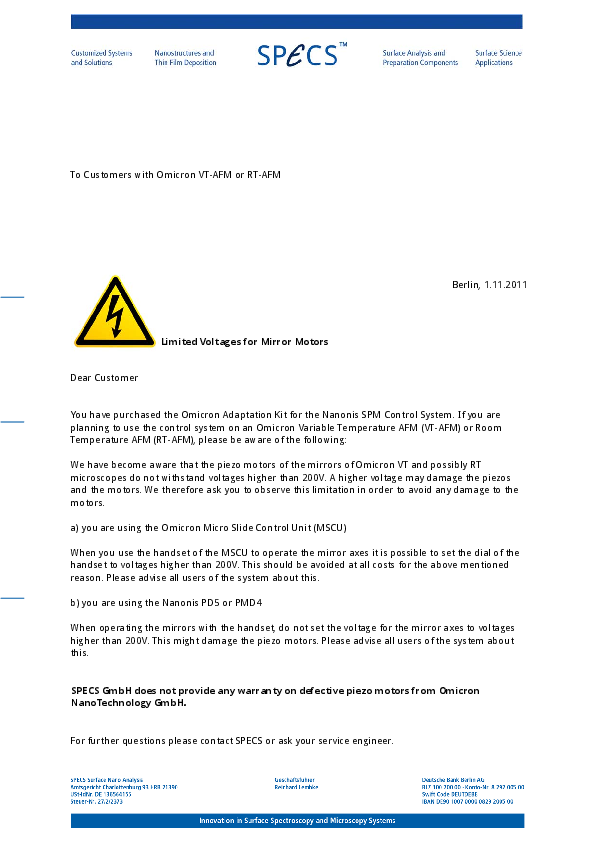 Limited Voltages for Mirror Motors - Omicron VT-AFM or RT-AFM Limited Voltages for Mirror Motors - Omicron VT-AFM or RT-AFM