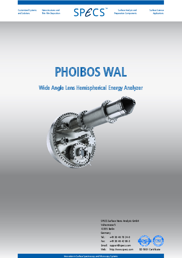 PHOIBOS WAL Wide Angle Lens Hemispherical Energy Analyzer PHOIBOS WAL Wide Angle Lens Hemispherical Energy Analyzer